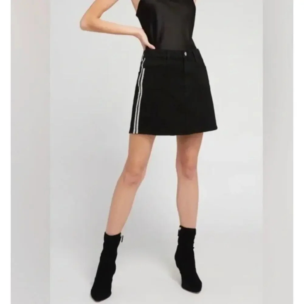 Alice + Olivia Good High-Rise Mini Skirt Crystal Stripes Denim Black Size 26